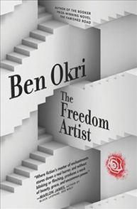 Book cover of "The Freedom Artist" by Ben Okri, featuring a maze of stairs and a red spiral design at the bottom right.