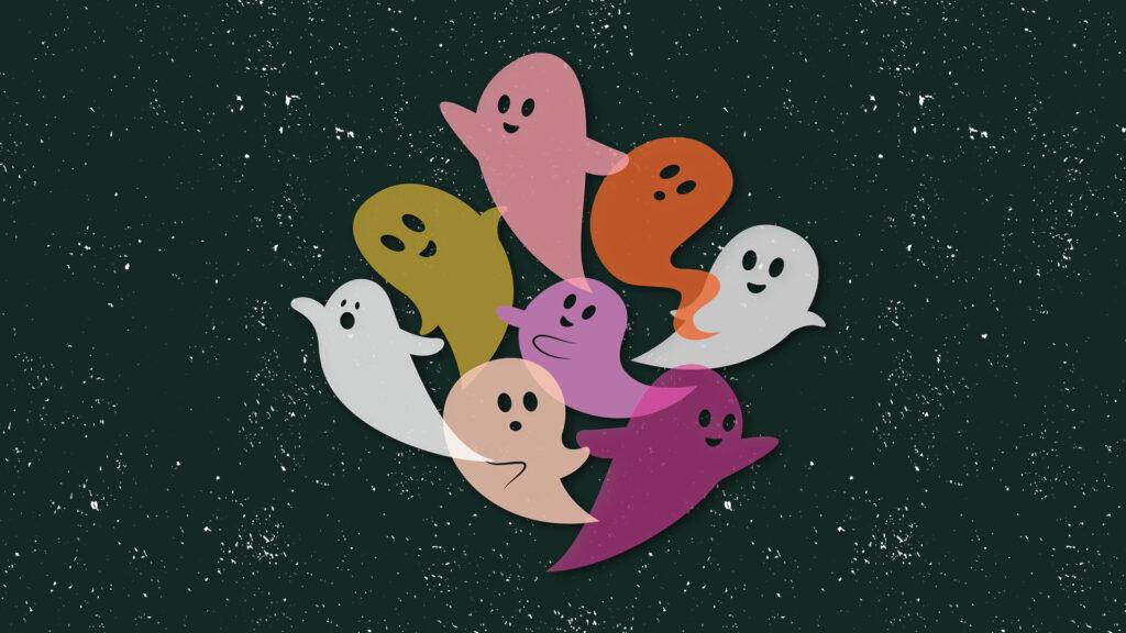 Colorful cartoon ghosts with various facial expressions appear against a textured dark background.