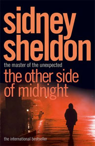 Book cover of "The Other Side of Midnight" by Sidney Sheldon, showing a silhouette walking in a foggy, orange-lit street.