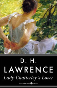 Cover of "Lady Chatterley's Lover" by D.H. Lawrence shows a painting of a woman in white dress against a green background.