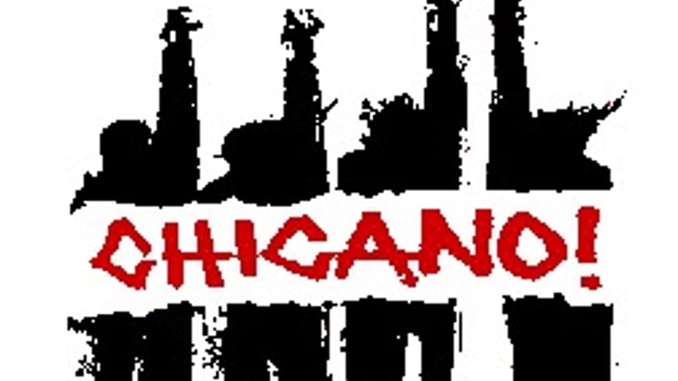 Silhouettes of raised fists above the bold, red text "CHICANO!" on a white background.