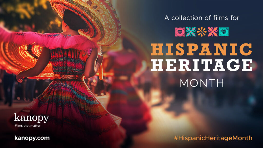 Colorful dancers in traditional attire with the text "A collection of films for Hispanic Heritage Month.