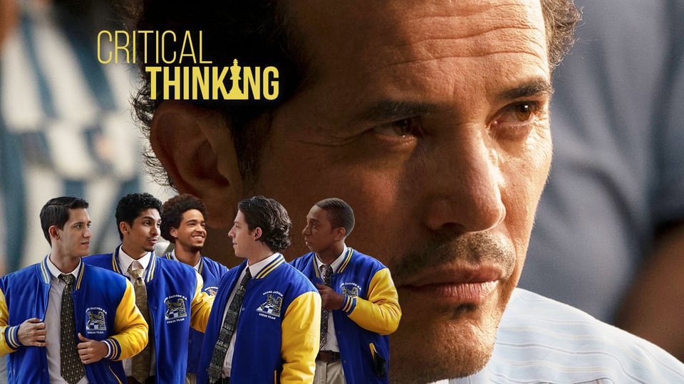 Movie poster for "Critical Thinking" with a close-up of a man's face and five young men wearing jackets in the foreground.