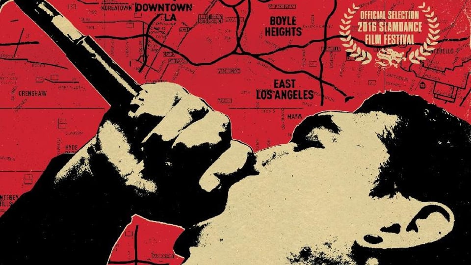 Illustration of a person rapping into a microphone with a red and beige map of Los Angeles in the background.
