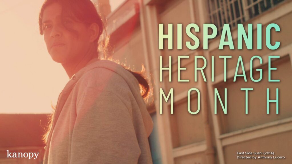 A young woman stands outside at sunset with text reading "Hispanic Heritage Month.