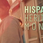 A young woman stands outside at sunset with text reading "Hispanic Heritage Month.