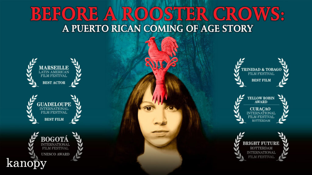 A girl with a red rooster on her head, surrounded by film festival awards on a teal forest background.