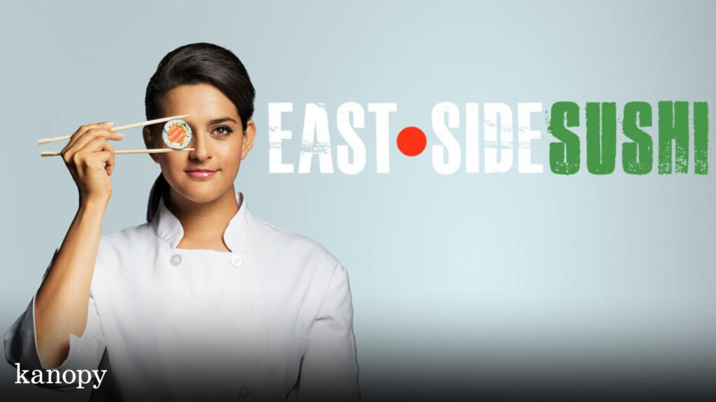 A chef holds sushi with chopsticks over her eye next to the text "East Side Sushi" on a light background.