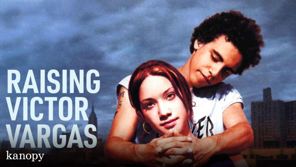 A teen boy hugs a girl from behind, both looking at the camera; text reads "Raising Victor Vargas.
