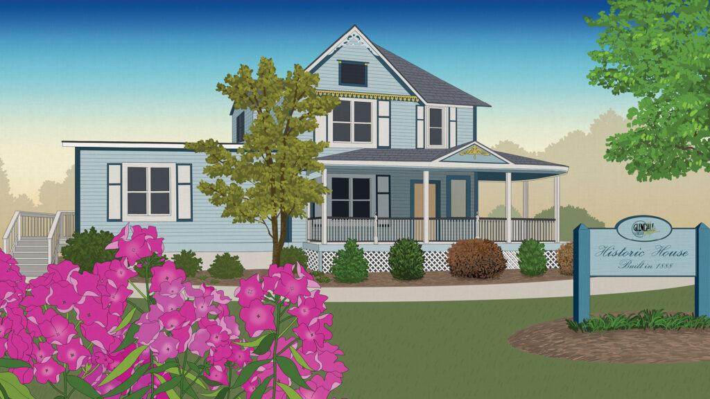Illustration of a historic light blue house with porch, garden flowers, and a sign reading "Historic House.