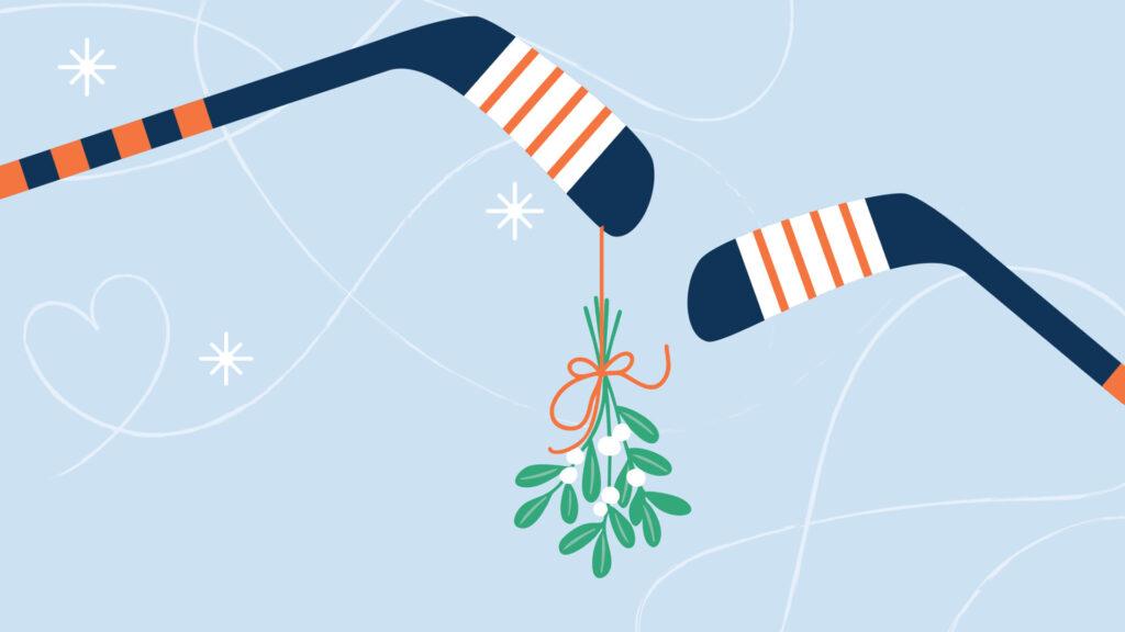 Two hockey sticks holding mistletoe with a ribbon on a light blue background with snowflakes and hearts.