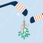 Two hockey sticks holding mistletoe with a ribbon on a light blue background with snowflakes and hearts.