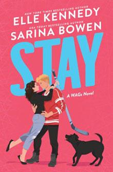 Illustrated book cover of "Stay" featuring a couple, a hockey stick, and a dog against a pink background.