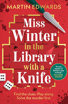 Book cover: "Miss Winter in the Library with a Knife" by Martin Edwards, featuring a knife, dice, and red background.