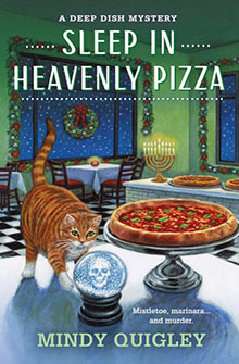 A cat paws a snow globe on a table with pizzas, menorah, and holiday decor; book title: "Sleep in Heavenly Pizza.