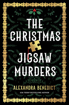 Book cover for "The Christmas Jigsaw Murders" by Alexandra Benedict, with a gold puzzle piece and border.
