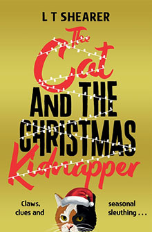 Book cover for "The Cat and the Christmas Kidnapper" featuring a cat in a Santa hat and festive lights.