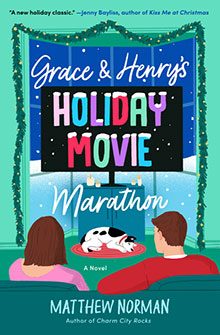 A couple watches TV with their dog on a couch; "Grace & Henry’s Holiday Movie Marathon" is on the screen.