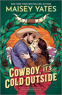 A cowboy and a woman embrace under mistletoe with snowy mountains in the background; book title text below.