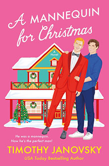 Illustration of two men in front of a festive house, one in a red suit, for "A Mannequin for Christmas" book cover.