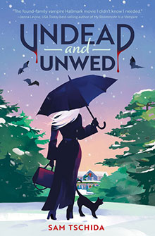 Woman in black with umbrella and cat stands in snow; bats fly above. Title: *Undead and Unwed* by Sam Tschida.