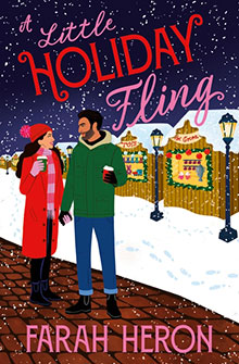 Illustrated couple in winter clothes holding drinks at a snowy holiday market; book title above them.