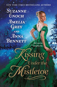 Book cover of "Kissing Under the Mistletoe" by Suzanne Enoch, Amelia Grey, and Anna Bennett, featuring a woman in a green dress.