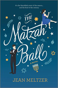 Book cover of "The Matzah Ball" by Jean Meltzer featuring illustrations of a man and woman, and Hanukkah symbols.