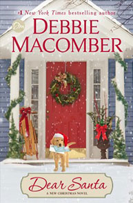 A Christmas novel cover showing a snow-coated house entrance, a wreath, decorations, and a dog wearing a Santa hat.