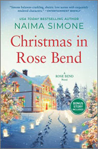 Cover of "Christmas in Rose Bend" by Naima Simone, featuring a snowy house with a path lined by glowing lanterns.