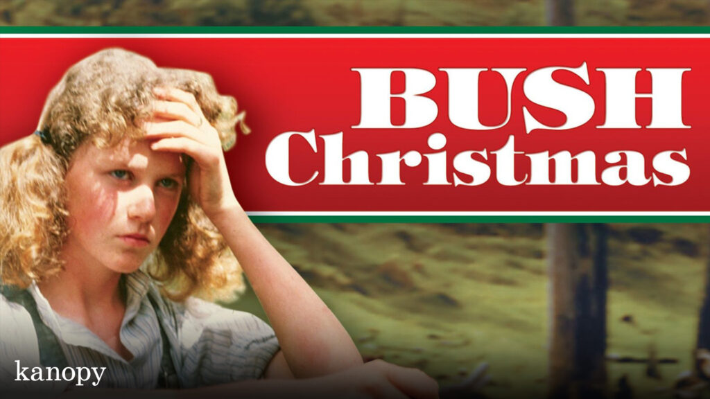 A girl with curly hair shades her eyes; text reads "BUSH Christmas" on a red banner.