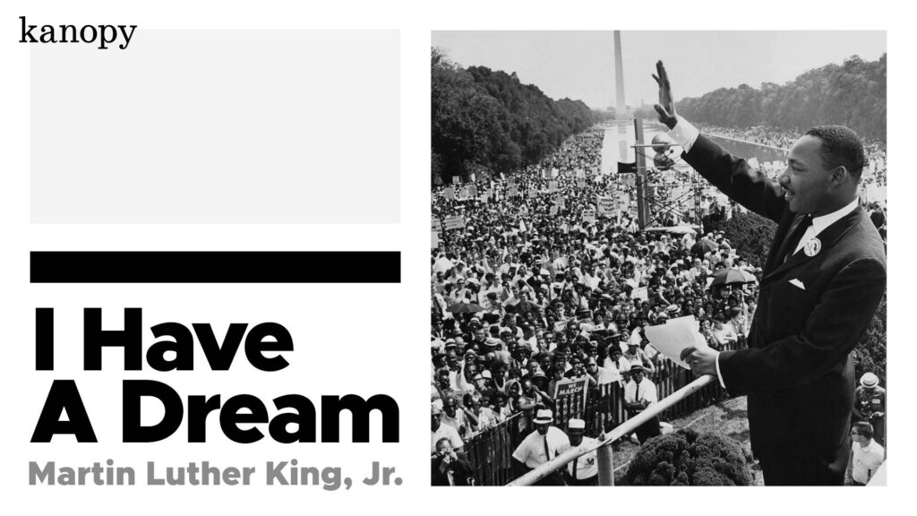 Martin Luther King Jr. delivers his "I Have a Dream" speech to a large crowd at the Lincoln Memorial.