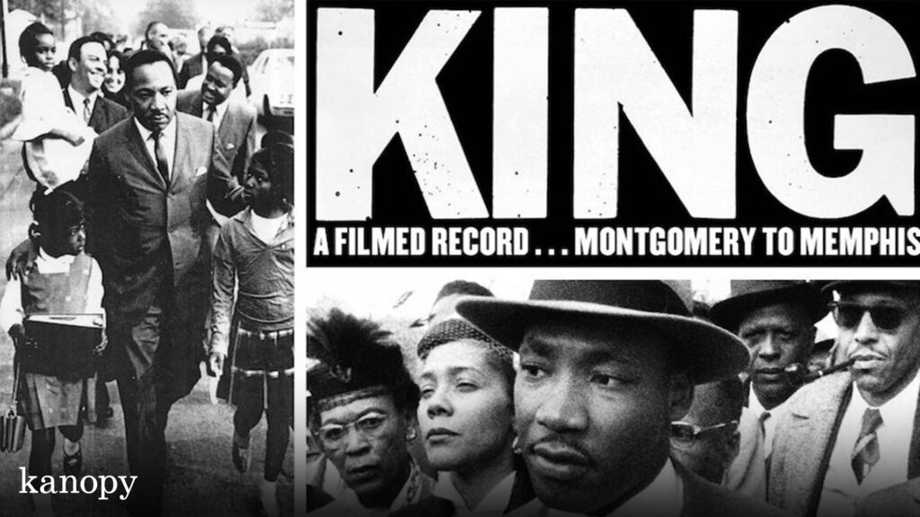 Black-and-white film poster of Martin Luther King Jr. leading marches; text reads "KING: A Filmed Record...Montgomery to Memphis.