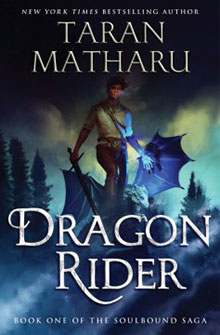 Book cover of "Dragon Rider" by Taran Matharu, featuring a person holding a sword with a dragon in the backdrop.