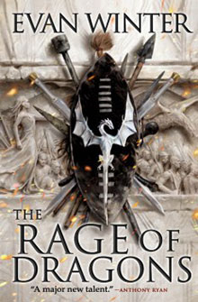 Book cover of "The Rage of Dragons" by Evan Winter featuring a shield with a dragon emblem and weapons against a stone background.
