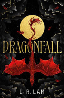 Book cover for "Dragonfall" by L. R. Lam featuring a red dragon and a gold moon on a dark, swirly background.