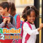 Smiling kids with backpacks board a school bus; text reads "ICNA Relief Back 2 School.