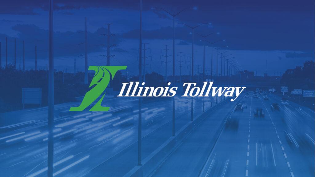 Illinois Tollway logo over a blue-toned image of a busy highway with moving cars at dusk.