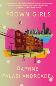 Brown Girls" book cover featuring urban cityscape and street scene with colorful artistic overlays.