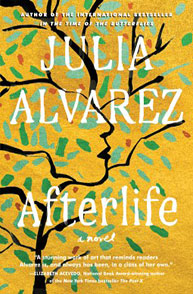 Cover of the book "Afterlife" by Julia Alvarez, featuring yellow background with abstract design of trees and faces.