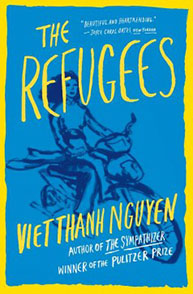 Book cover of "The Refugees" by Viet Thanh Nguyen, featuring blue background and yellow title text with a bicycle illustration.