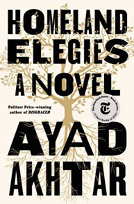 Book cover of "Homeland Elegies: A Novel" by Ayad Akhtar, featuring a tree silhouette in the background.