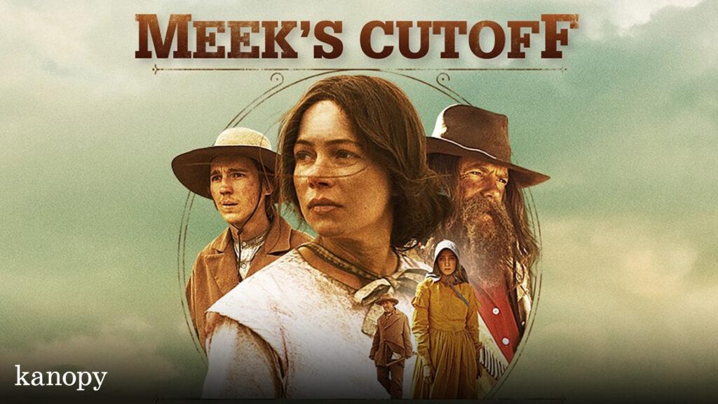 A group of pioneers in 1800s attire stand against a cloudy sky, with "Meek's Cutoff" written above them.