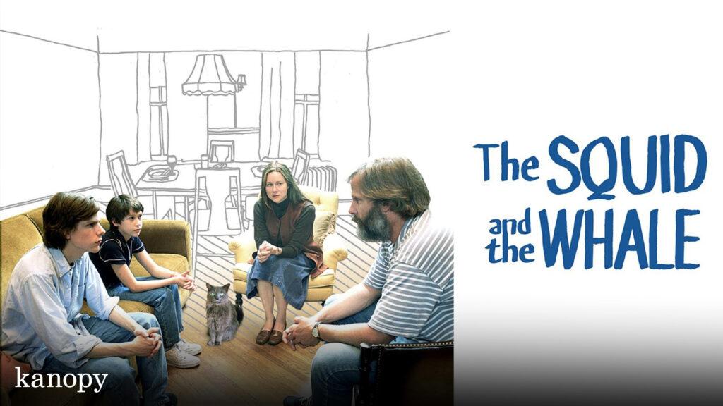 A family of four and a cat sit in a room with a sketched background; text reads "The Squid and the Whale.
