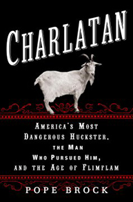 Book cover: "Charlatan" by Pope Brock with a goat on a black background and red decorative elements.