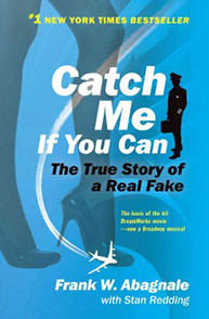 Book cover for "Catch Me If You Can" by Frank W. Abagnale, featuring silhouettes of a man and airplane on a blue background.