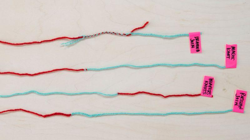 Four pairs of yarn joined with different knots, each labeled with pink tags showing the knot names.
