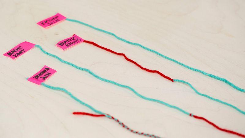 Four yarn strands labeled Magic Knot, Braided Join, and others, displayed on a light surface for comparison.