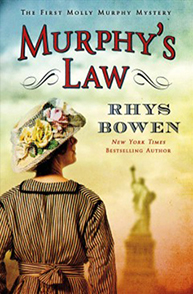 Book cover of "Murphy's Law" by Rhys Bowen, featuring a woman in period dress with the Statue of Liberty in the background.