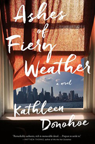 Book cover of "Ashes of Fiery Weather" by Kathleen Donohoe, showing red curtains and a city skyline in the background.